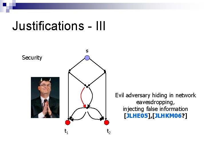 Justifications - III s Security Evil adversary hiding in network eavesdropping, injecting false information