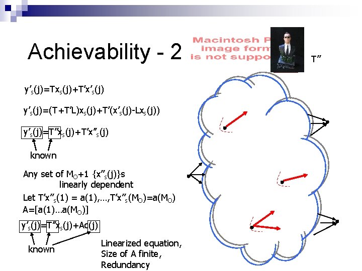 Achievability - 2 y’s(j)=Txs(j)+T’x’s(j) y’s(j)=(T+T’L)xs(j)+T’(x’s(j)-Lxs(j)) y’s(j)=T’’xs(j)+T’x’’s(j) known Any set of MO+1 {x’’s(j)}s linearly dependent