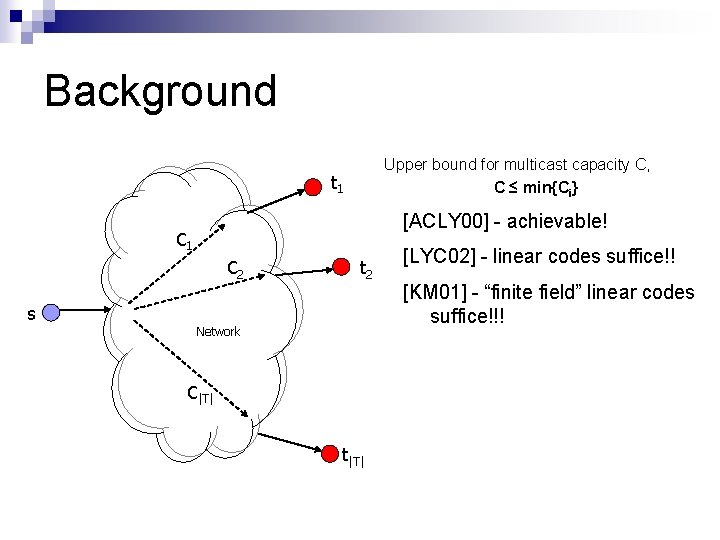 Background Upper bound for multicast capacity C, C ≤ min{Ci} t 1 [ACLY 00]