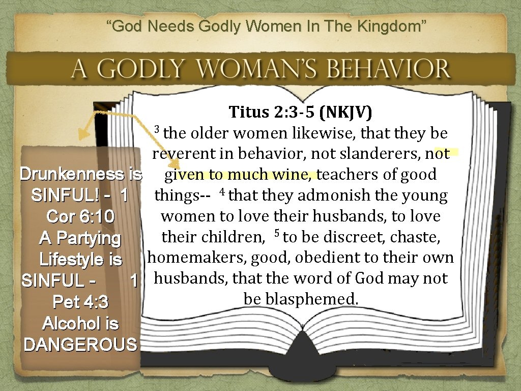 “God Needs Godly Women In The Kingdom” Titus 2: 3 -5 (NKJV) 3 the