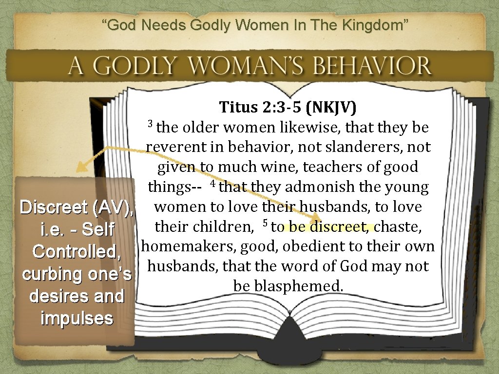 “God Needs Godly Women In The Kingdom” Titus 2: 3 -5 (NKJV) 3 the