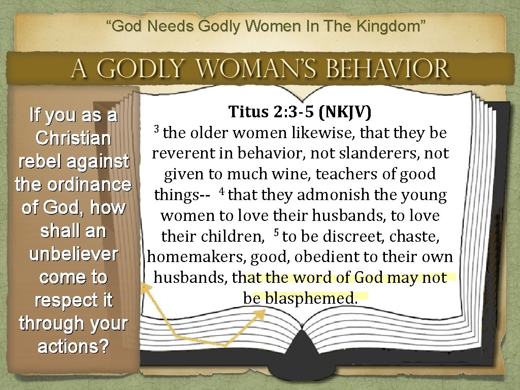 “God Needs Godly Women In The Kingdom” Titus 2: 3 -5 (NKJV) If you