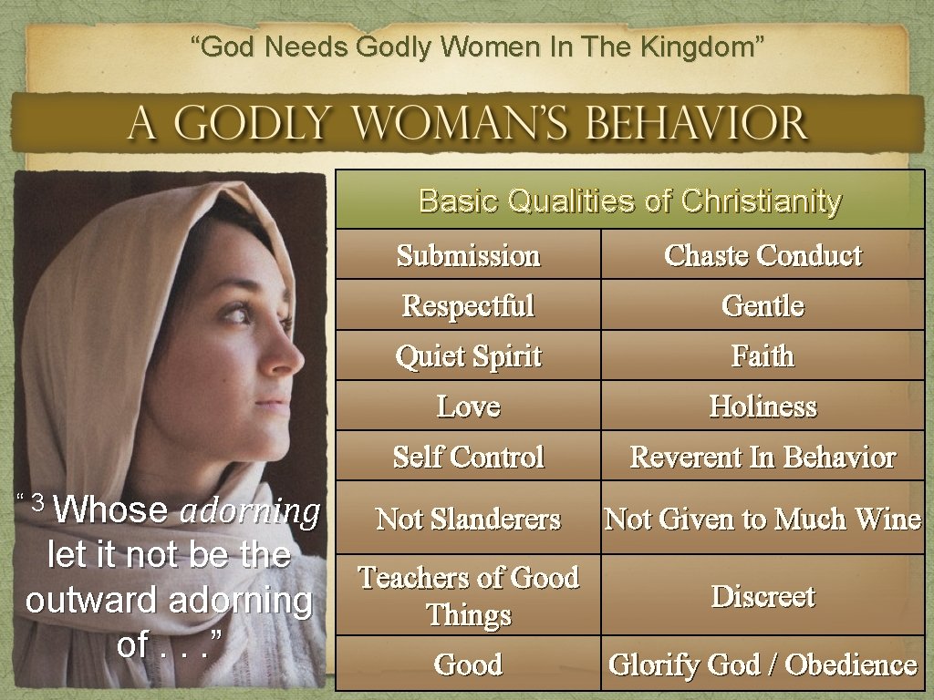 “God Needs Godly Women In The Kingdom” Basic Qualities of Christianity Submission Chaste Conduct