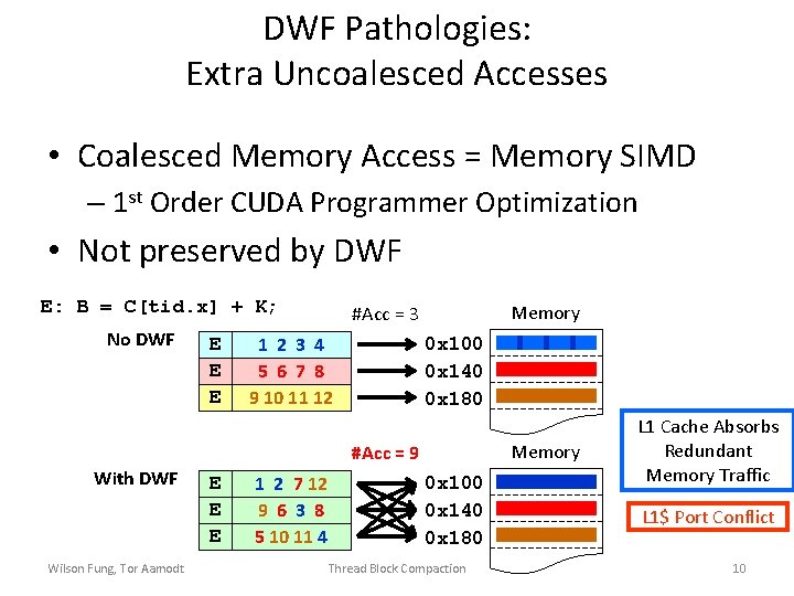 DWF Pathologies: Extra Uncoalesced Accesses • Coalesced Memory Access = Memory SIMD – 1