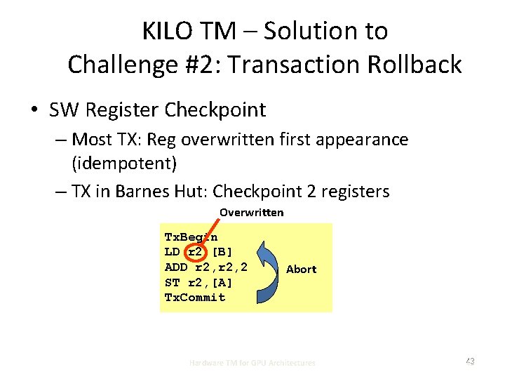 KILO TM – Solution to Challenge #2: Transaction Rollback • SW Register Checkpoint –