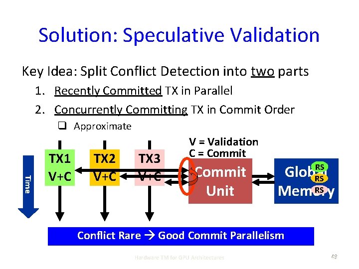 Solution: Speculative Validation Key Idea: Split Conflict Detection into two parts 1. Recently Committed