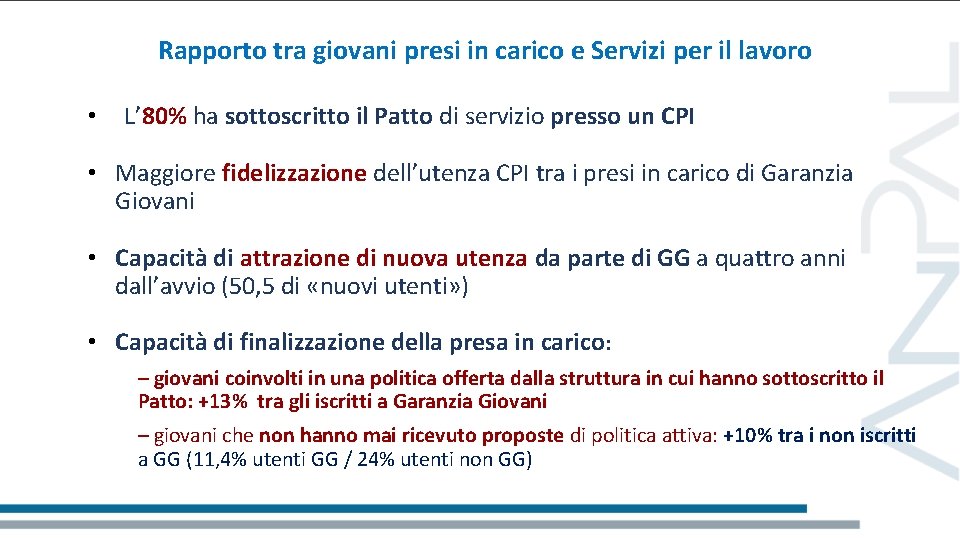 Rapporto tra giovani presi in carico e Servizi per il lavoro • L’ 80%