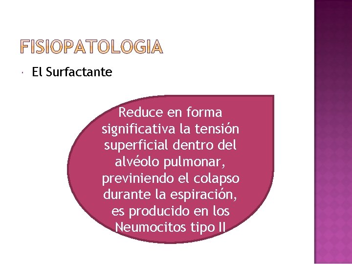  El Surfactante Reduce en forma significativa la tensión superficial dentro del alvéolo pulmonar,