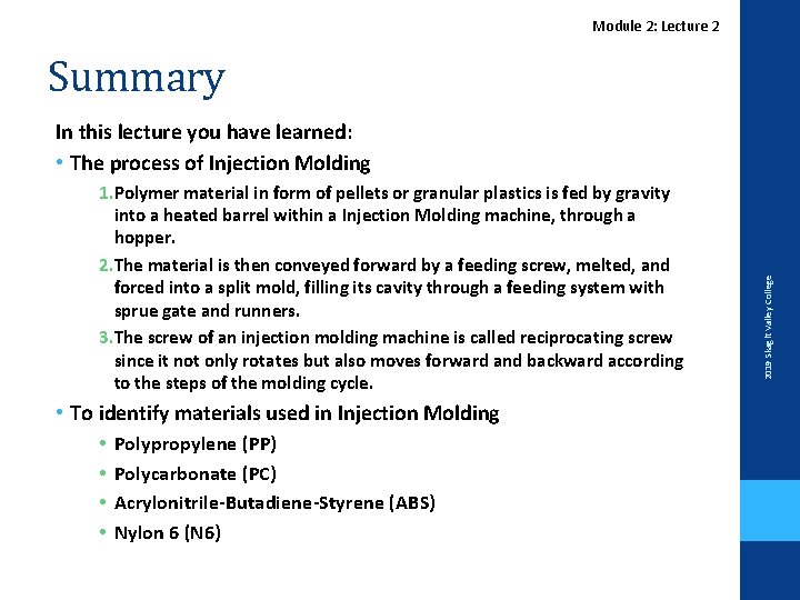 Module 2: Lecture 2 Summary 1. Polymer material in form of pellets or granular