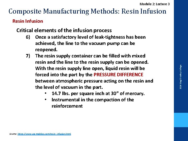 Module 2: Lecture 3 Composite Manufacturing Methods: Resin Infusion 6) Once a satisfactory level