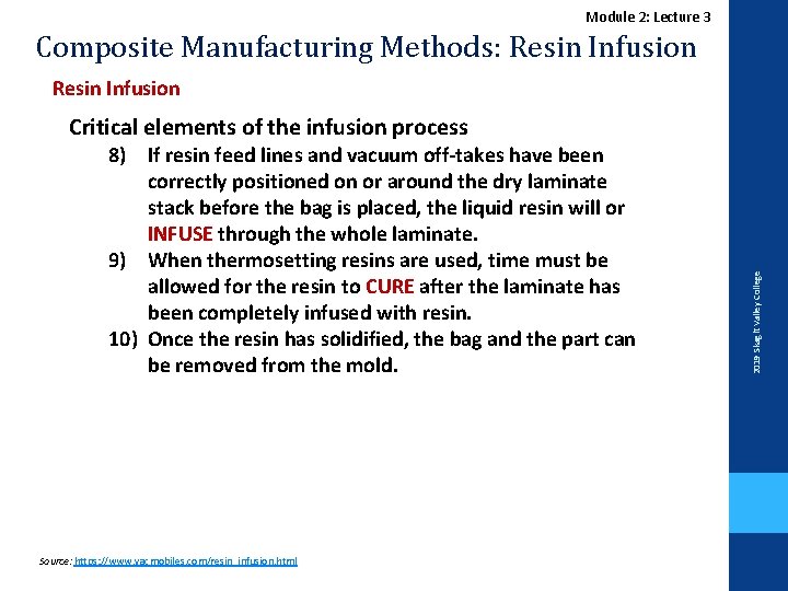 Module 2: Lecture 3 Composite Manufacturing Methods: Resin Infusion 8) If resin feed lines