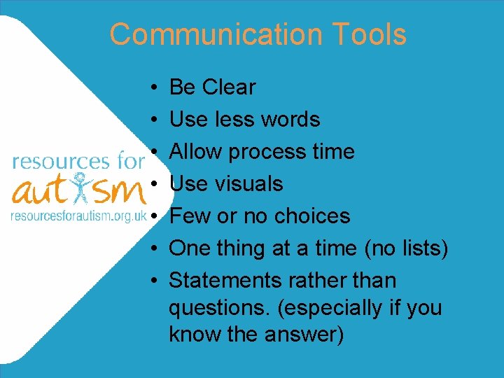 Communication Tools • • Be Clear Use less words Allow process time Use visuals Communication Tools • • Be Clear Use less words Allow process time Use visuals