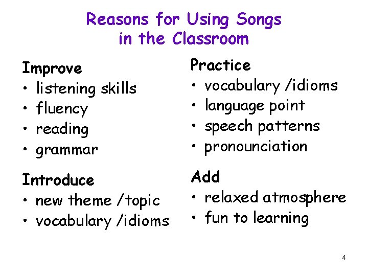 Reasons for Using Songs in the Classroom Improve • listening skills • fluency •