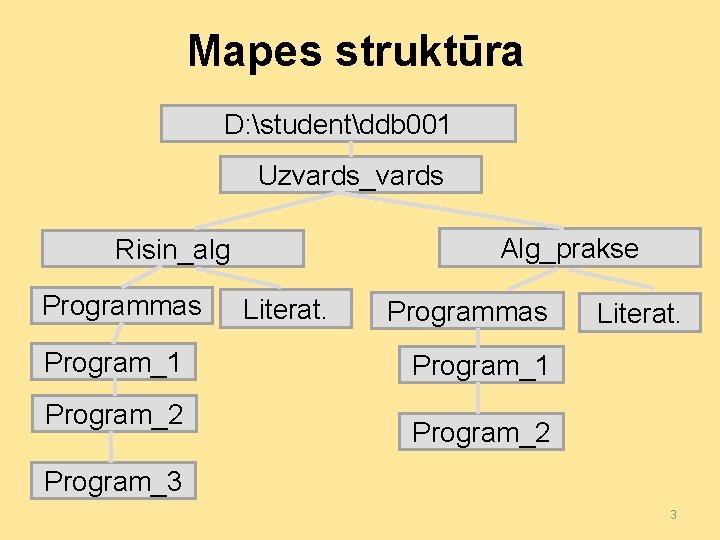 Mapes struktūra D: studentddb 001 Uzvards_vards Alg_prakse Risin_alg Programmas Program_1 Program_2 Literat. Programmas Literat.