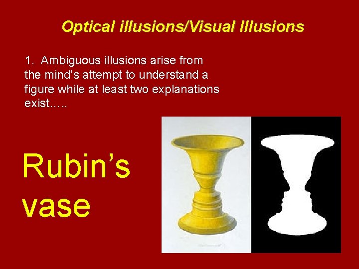 Optical illusions/Visual Illusions 1. Ambiguous illusions arise from the mind’s attempt to understand a
