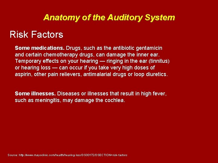 Anatomy of the Auditory System Risk Factors Some medications. Drugs, such as the antibiotic