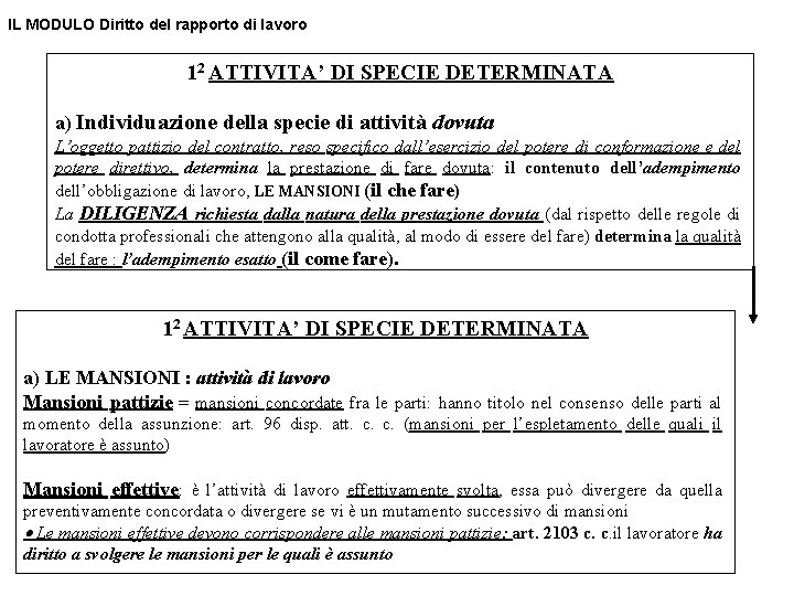 IL MODULO Diritto del rapporto di lavoro 12 ATTIVITA’ DI SPECIE DETERMINATA a) Individuazione