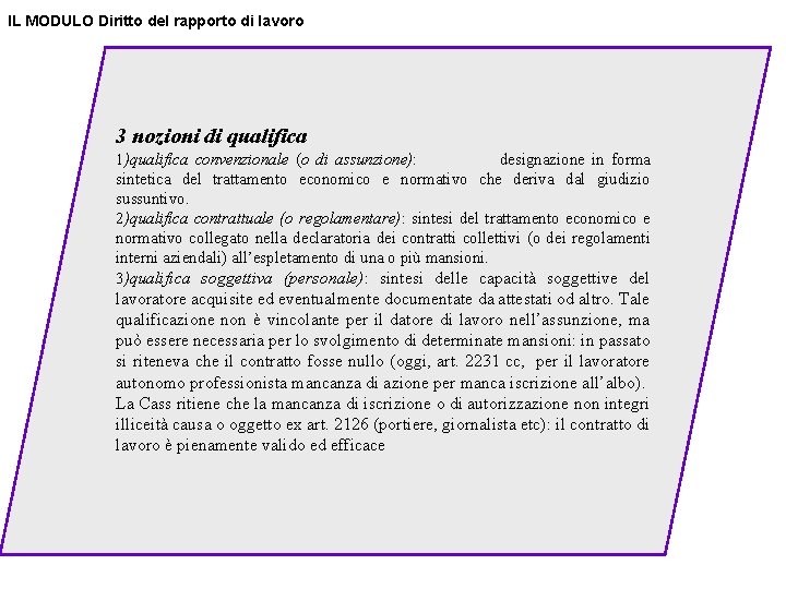 IL MODULO Diritto del rapporto di lavoro 3 nozioni di qualifica 1)qualifica convenzionale (o