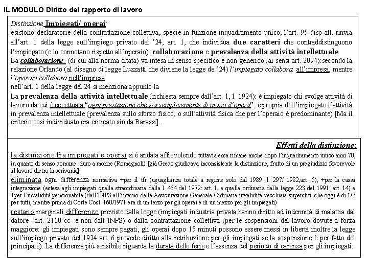 IL MODULO Diritto del rapporto di lavoro Distinzione Impiegati/ operai: esistono declaratorie della contrattazione