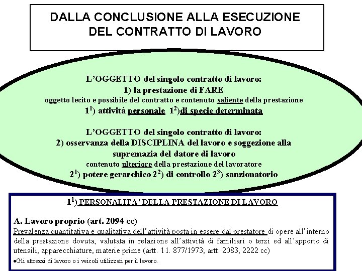 DALLA CONCLUSIONE ALLA ESECUZIONE DEL CONTRATTO DI LAVORO L’OGGETTO del singolo contratto di lavoro: