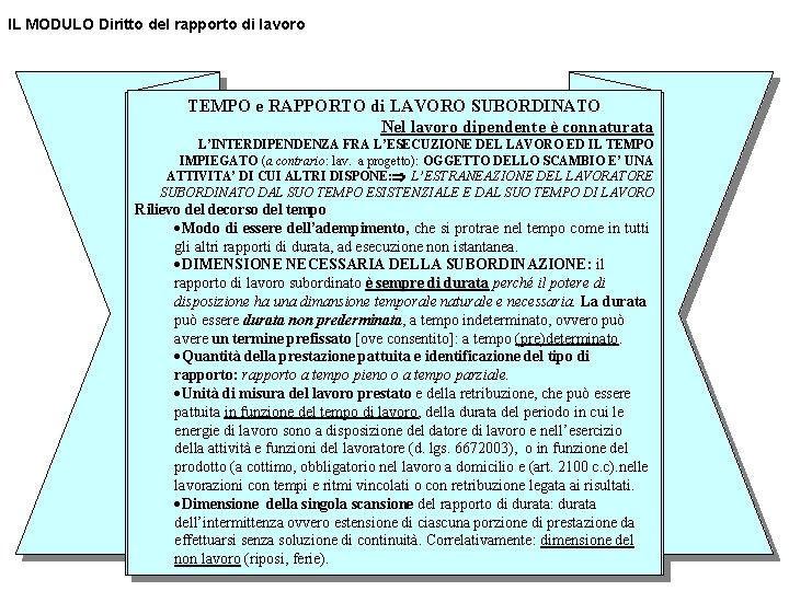 IL MODULO Diritto del rapporto di lavoro TEMPO e RAPPORTO di LAVORO SUBORDINATO Nel