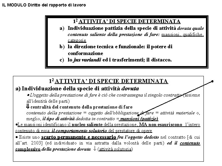 IL MODULO Diritto del rapporto di lavoro 12 ATTIVITA’ DI SPECIE DETERMINATA a) Individuazione