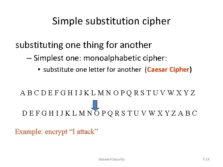 Simple substitution cipher substituting one thing for another – Simplest one: monoalphabetic cipher: •