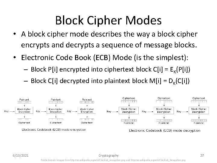 Block Cipher Modes • A block cipher mode describes the way a block cipher