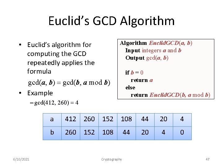 Euclid’s GCD Algorithm • Euclid’s algorithm for computing the GCD repeatedly applies the formula