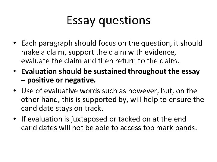 Essay questions • Each paragraph should focus on the question, it should make a Essay questions • Each paragraph should focus on the question, it should make a