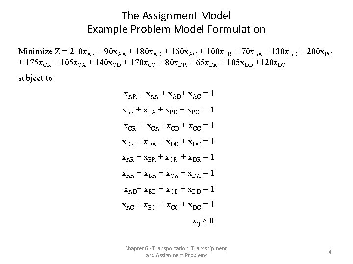 The Assignment Model Example Problem Model Formulation Minimize Z = 210 x. AR +