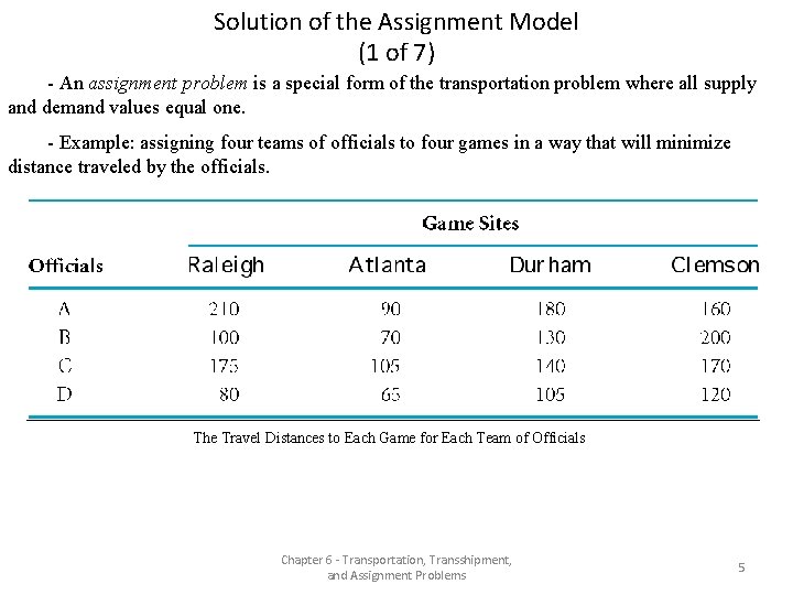 Solution of the Assignment Model (1 of 7) - An assignment problem is a