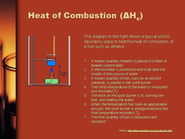 Heat of Combustion (ΔHc) The diagram to the right shows a typical school laboratory