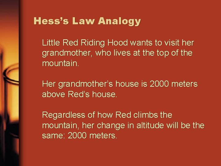 Hess’s Law Analogy Little Red Riding Hood wants to visit her grandmother, who lives