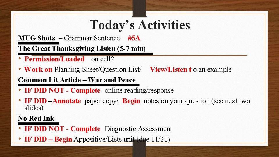 Today’s Activities MUG Shots – Grammar Sentence #5 A The Great Thanksgiving Listen (5