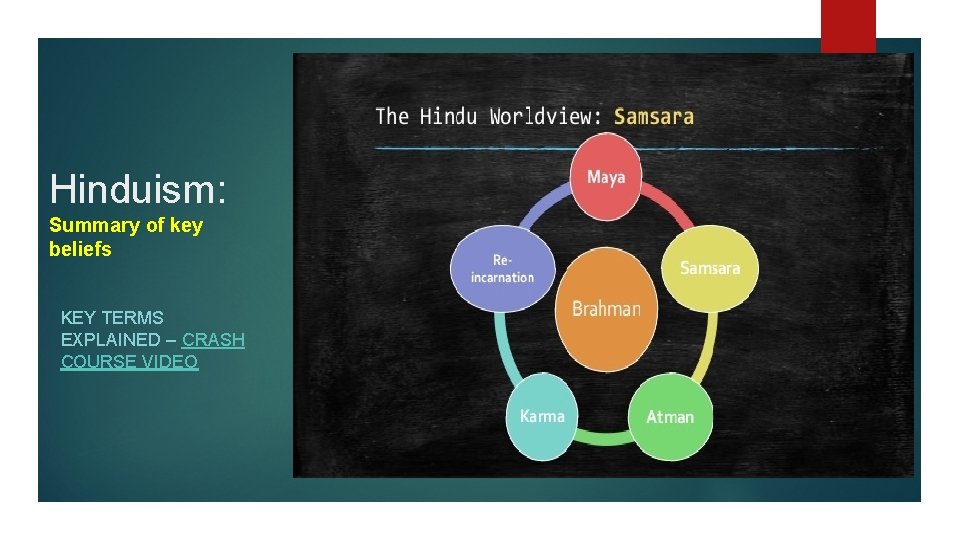 Hinduism: Summary of key beliefs KEY TERMS EXPLAINED – CRASH COURSE VIDEO 