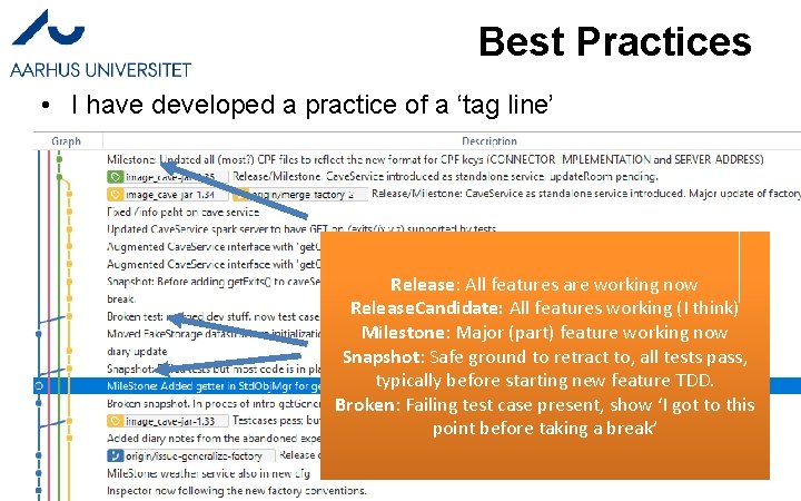 Best Practices • I have developed a practice of a ‘tag line’ Release: All