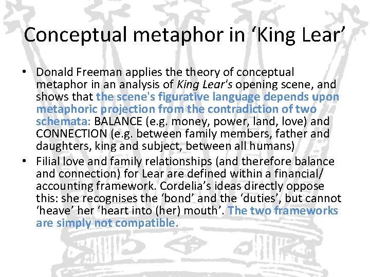 Conceptual metaphor in ‘King Lear’ • Donald Freeman applies theory of conceptual metaphor in