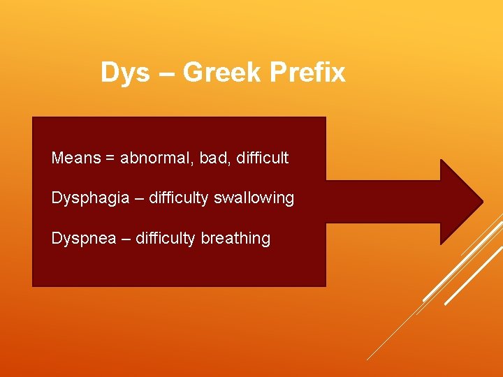 Dys – Greek Prefix Means = abnormal, bad, difficult Dysphagia – difficulty swallowing Dyspnea