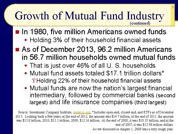 5 Growth of Mutual Fund Industry (continued) n In 1980, five million Americans owned 5 Growth of Mutual Fund Industry (continued) n In 1980, five million Americans owned