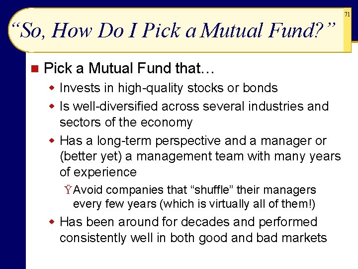 71 “So, How Do I Pick a Mutual Fund? ” n Pick a Mutual 71 “So, How Do I Pick a Mutual Fund? ” n Pick a Mutual