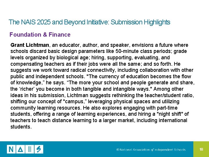 The NAIS 2025 and Beyond Initiative: Submission Highlights Foundation & Finance Grant Lichtman, an