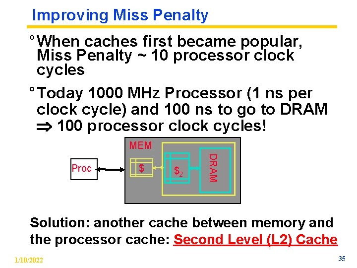 Improving Miss Penalty ° When caches first became popular, Miss Penalty ~ 10 processor