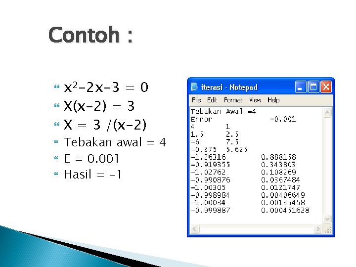 Contoh : x 2 -2 x-3 = 0 X(x-2) = 3 X = 3