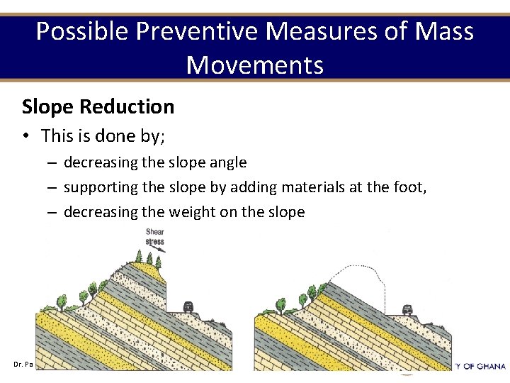 Possible Preventive Measures of Mass Movements Slope Reduction • This is done by; –