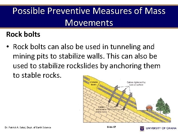 Possible Preventive Measures of Mass Movements Rock bolts • Rock bolts can also be