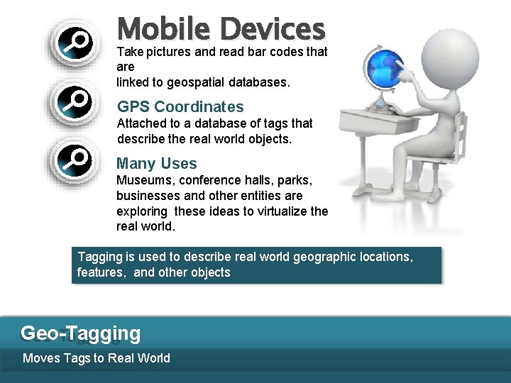 Mobile Devices Take pictures and read bar codes that are linked to geospatial databases.