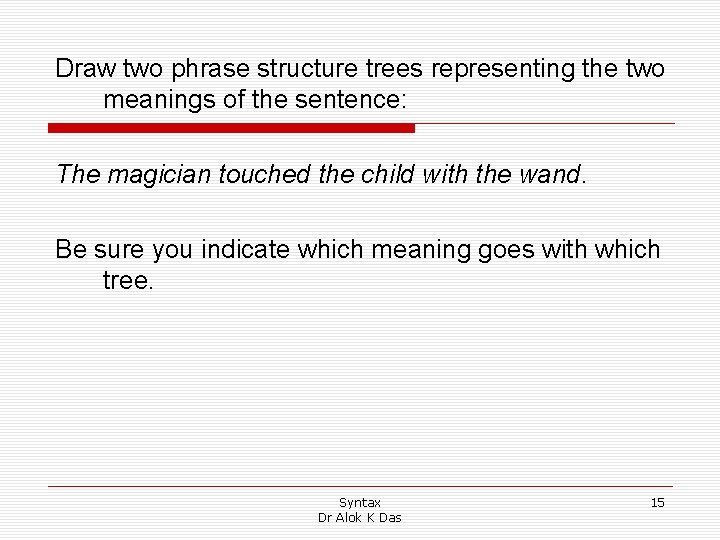 Draw two phrase structure trees representing the two meanings of the sentence: The magician Draw two phrase structure trees representing the two meanings of the sentence: The magician