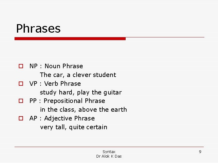 Phrases o NP : Noun Phrase The car, a clever student o VP : Phrases o NP : Noun Phrase The car, a clever student o VP :