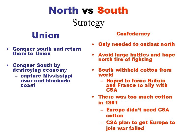 North vs South Strategy Union • Conquer south and return them to Union •